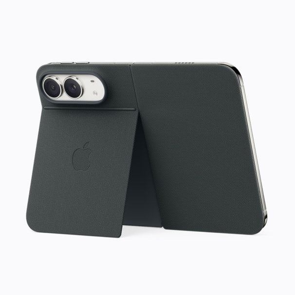 Apple's iPhone Duo Folio in navy blue, which covers the inner display when the phone is shut, official Apple product image