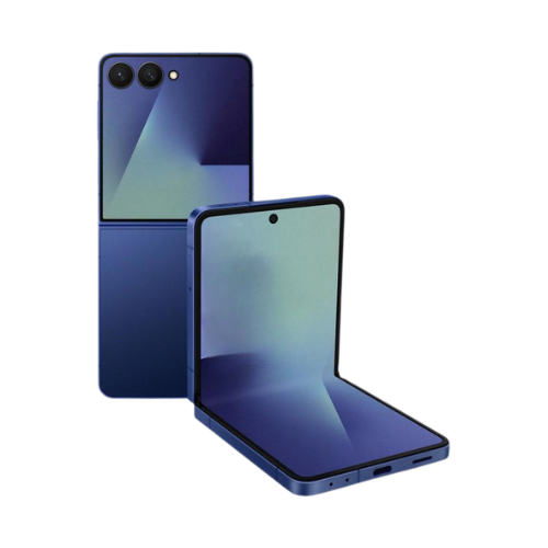 Blue foldable smartphone with dual rear cameras, shown open and closed with reflective screen