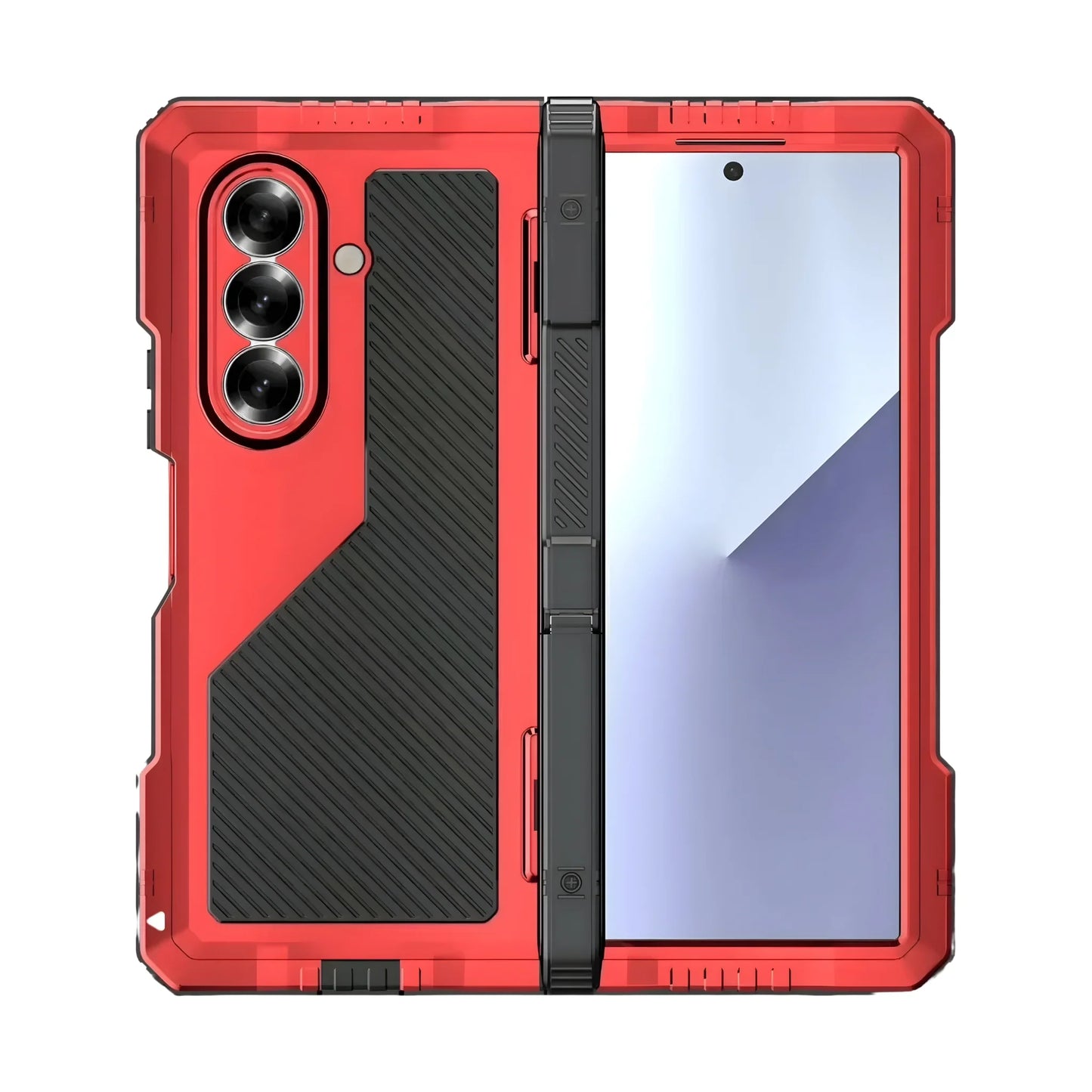 Red and black rugged protective case on foldable smartphone with triple rear camera and visible crease