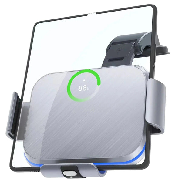Orbit Car Mount dual-coil wireless charger with automatic clamping arms and air vent clip for Samsung Galaxy Z Fold and Z Flip