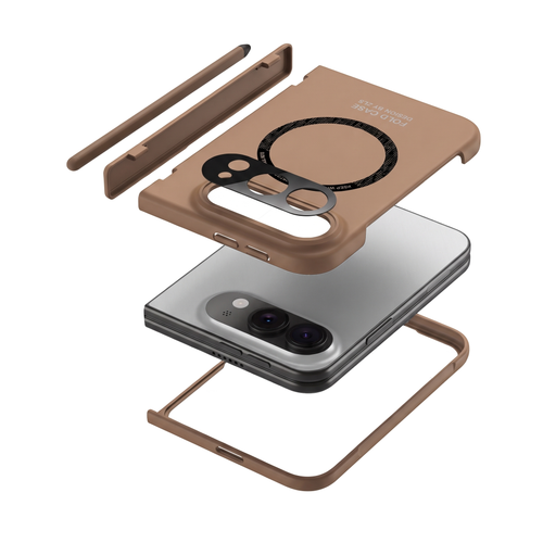 Kinetic P1 iPhone Duo case Coffee - exploded view: hinged cover, stylus, back cover, phone, front frame