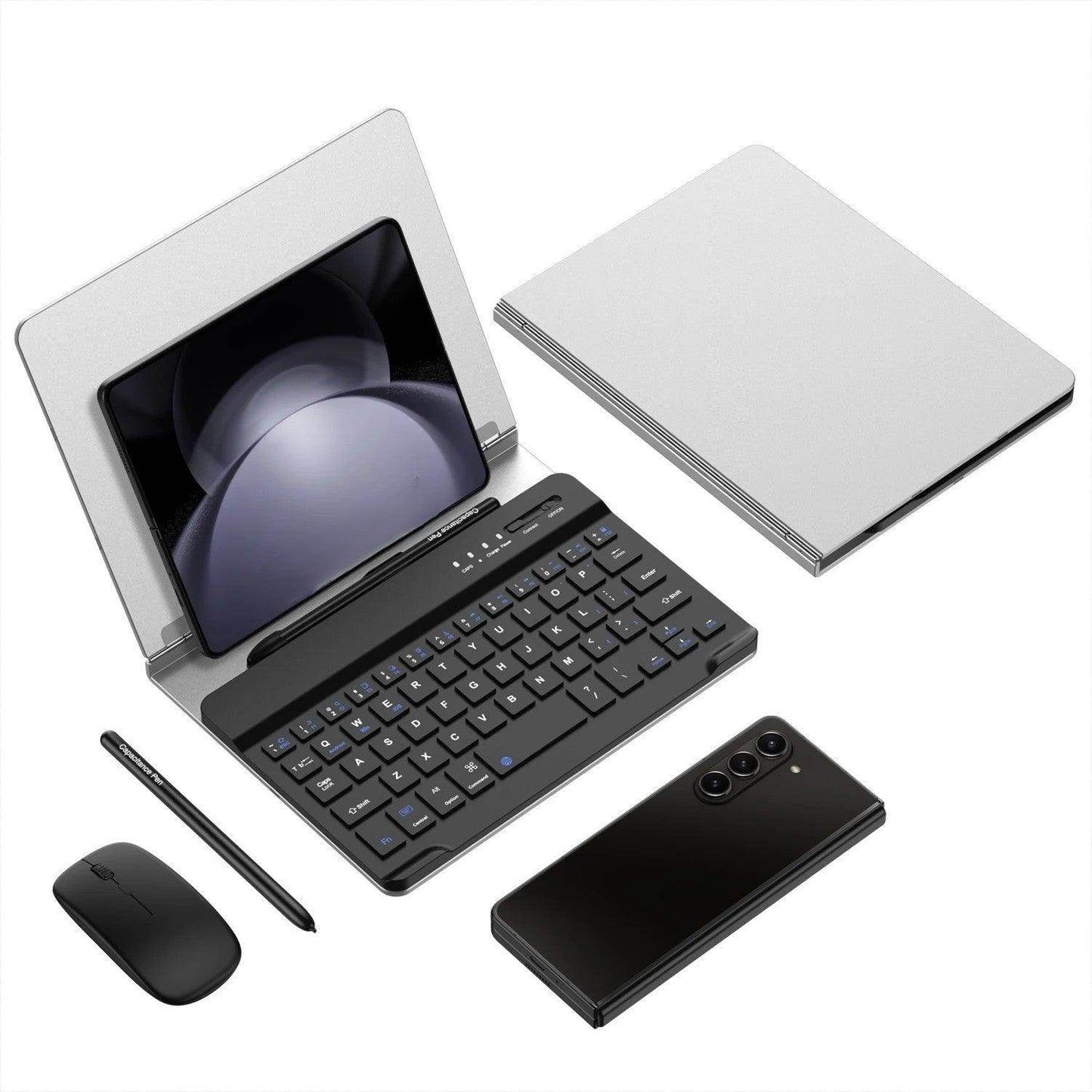 Foldable smartphone with black wireless keyboard, stylus pen, and mouse on white background