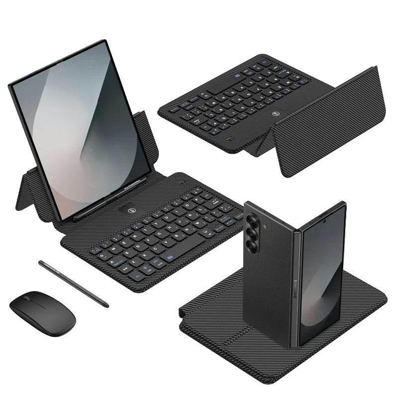 Black carbon fiber keyboard case with tablet stand, wireless mouse, and stylus pen on white background