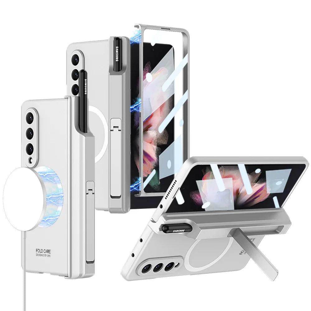 White Samsung foldable phone cases with built-in slot for S Pen and kickstand support
