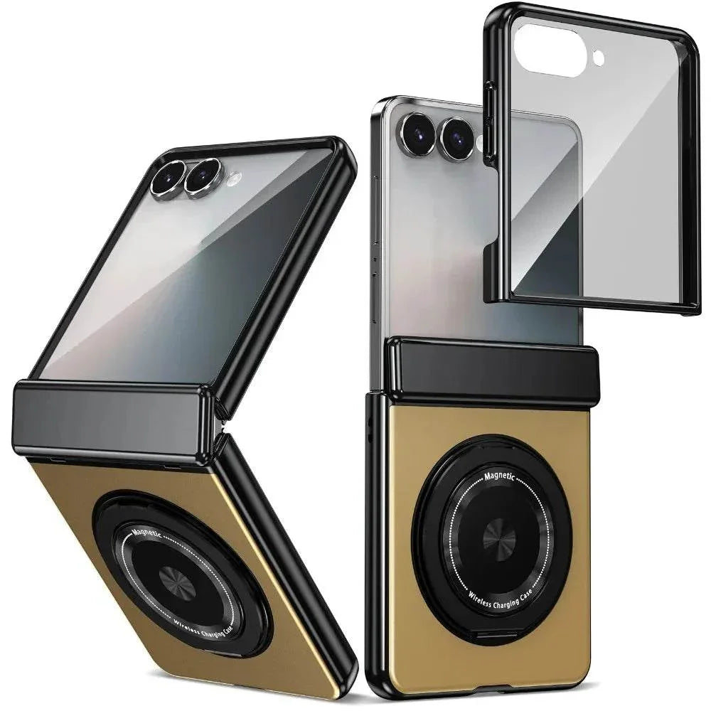 Foldable smartphone with dual rear cameras and a magnetic wireless charging case in gold and black