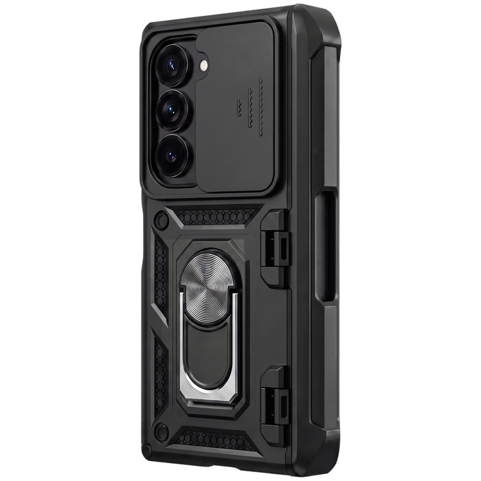 Sentinel H1 Galaxy Z Fold rugged case in Black with slide camera cover and ring kickstand - rear view, fits Galaxy Z Fold 8 Ultra, 8, 7 and 6