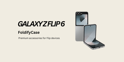 Foldable phone case with 'GALAXYZFLIP6' branding on a beige background