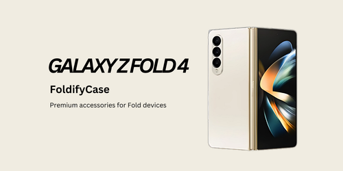 Samsung Galaxy Z Fold4 phone case with 'FoldifyCase' branding on a beige background