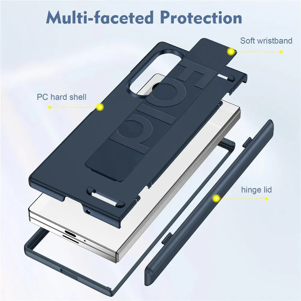 Exploded view of rugged phone case with PC hard shell, soft wristband, and hinge lid for multi-faceted protection