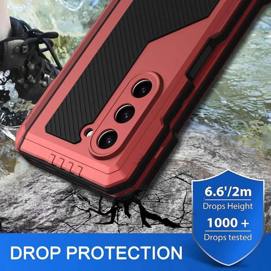Red and black rugged phone case with triple camera, shown with drop protection from 6.6 feet height
