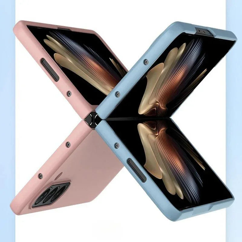 Foldable smartphones in pink and blue with seamless hinge design and AMOLED displays