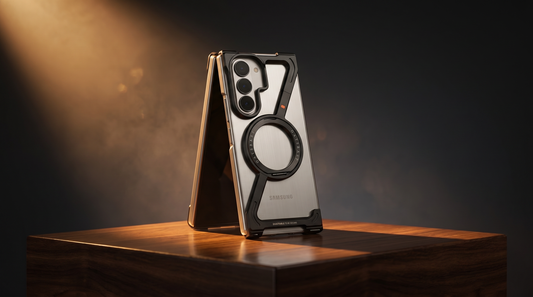 FoldifyCase Halo M1 flagship metal bumper case in tent pose on a dark walnut plinth under dramatic warm-amber spotlight — editorial flagship hero for the Best Galaxy Z Fold 7 Case Brands 2026 honest ranking