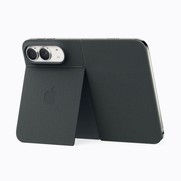 Apple's iPhone Duo Folio in navy blue, which covers the inner display when the phone is shut, official Apple product image