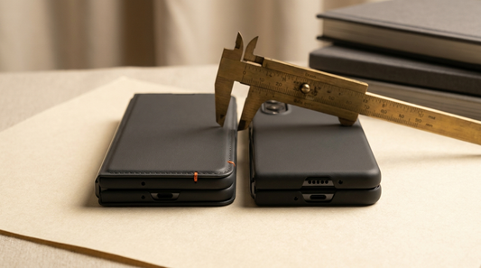 Two book-style foldable phone cases of different widths side by side with a brass caliper on cream paper — Galaxy Z Fold 8 versus Z Fold 8 Wide case-fit comparison