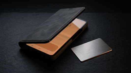 A sleek unbranded folding phone in a premium case beside a blank metal nameplate on a dark surface — the naming debate over Apple's first foldable, iPhone Fold or iPhone Ultra