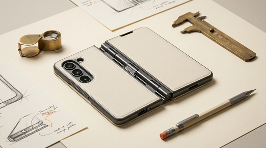 A premium foldable phone case opened to show its hinge, screen bezels and camera cutout beside design inspection tools — what to look for in an iPhone Fold case