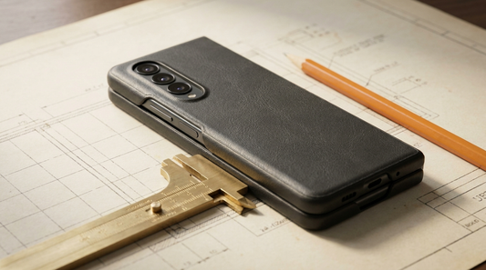 A wide book-style foldable phone measured across its width with a brass caliper on blueprint paper — checking case fit for the Galaxy Z Fold 8 Wide