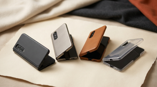 A fanned lineup of four premium foldable phone cases in matte, titanium, leather and clear finishes on cream paper — the best Galaxy Z Fold 8 cases