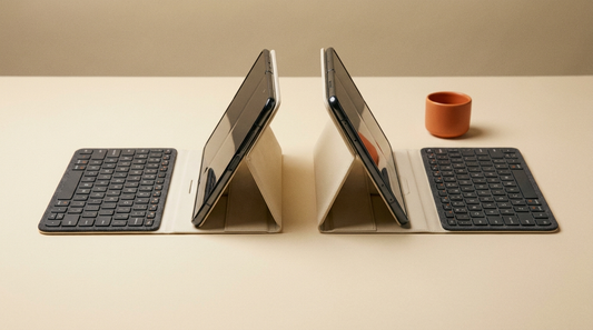 Two foldable-phone keyboard cases side by side on a desk, each propped on a stand above a Bluetooth keyboard — Scribe K1 versus Folio K1
