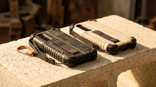 Two rugged armored foldable phone cases with reinforced corners side by side on cream — Aegis H1 versus Vanguard H1 heavy-duty comparison