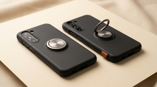 Two clamshell flip-phone cases side by side, each with a metal ring kickstand, one folded flat and one flipped out as a stand — Axon F3 versus Axon F1