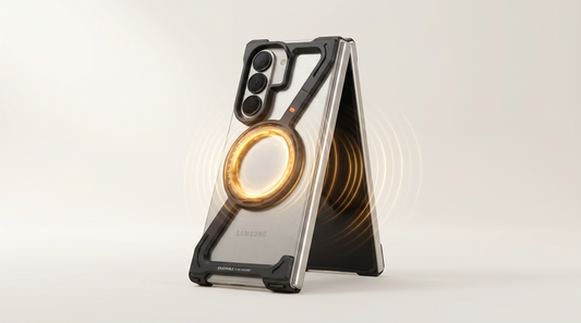FoldifyCase Halo M1 flagship metal bumper case in tent pose on cream studio background with glowing magnetic ring emitting subtle radial magnetic field lines — editorial MagSafe-comparison hero for Sync M1 vs Apex M1 vs Halo M1