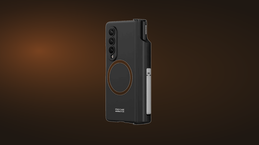 FoldifyCase Sync M1 flagship case in dramatic warm-amber spotlight on dark walnut backdrop — confident decision-hero for which Galaxy Z Fold 8 Ultra case to buy in 2026