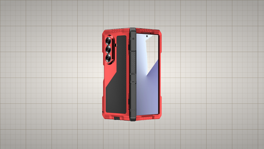 FoldifyCase Vanguard H1 red heavy-duty case flat-lay on cream engineering blueprint grid — measurement study hero for whether any Galaxy Z Fold 8 Wide case exists yet