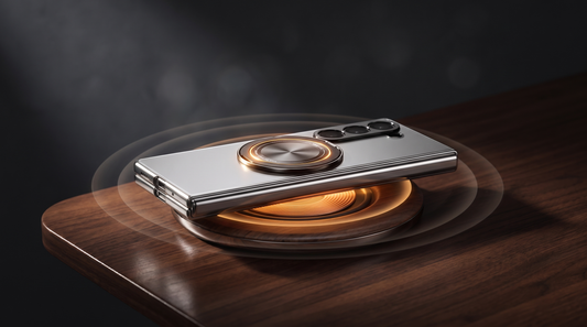 FoldifyCase Axon M2 magnetic ring case on a circular Qi wireless charging pad with warm amber energy waves radiating outward on a polished dark walnut desk — editorial hero for the Galaxy Z Fold 8 wireless charging with case question