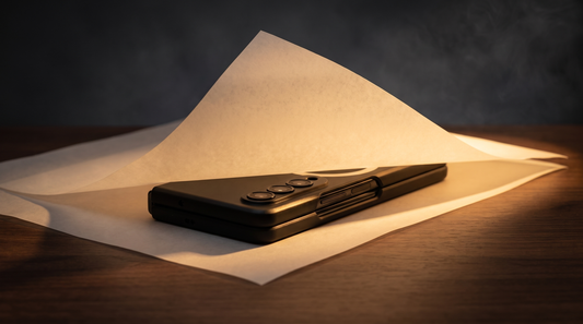 FoldifyCase Sync M1 case partially concealed under warm-lit vellum paper on a dark walnut surface — investigative leaked-prototype editorial hero for the Galaxy Z Fold 8 Ultra rumour question