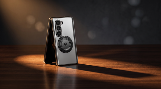 FoldifyCase Axon M2 magnetic ring case in tent pose on dark walnut with dramatic architectural shadow — editorial hero for the Galaxy Z Fold 8 vs Galaxy S26 Ultra case designer’s diff