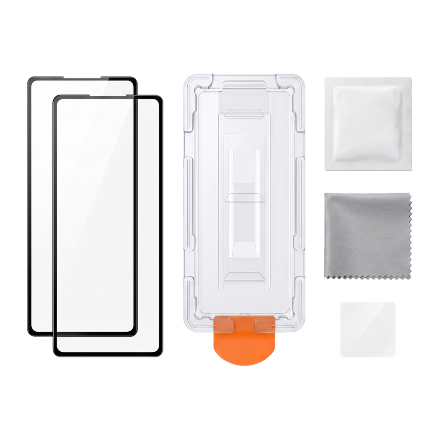 Ion Glass 2-pack contents: two tempered glass protectors, alignment tray, alcohol wipe, microfibre cloth and dust-removal sticker