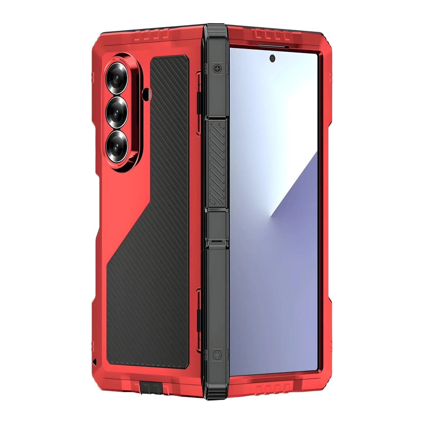 Red rugged protective smartphone case with triple camera cutout and carbon fiber texture