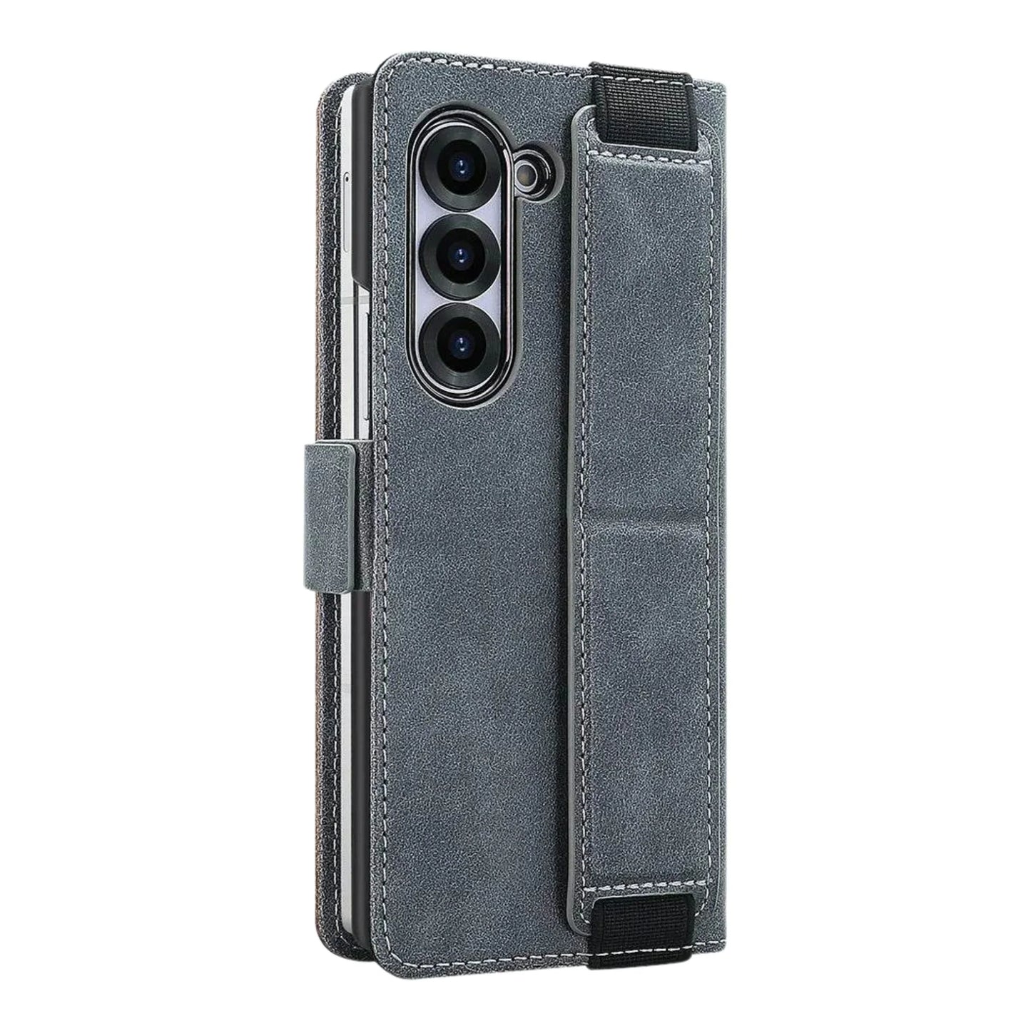 Gray phone case with card slots on a white background