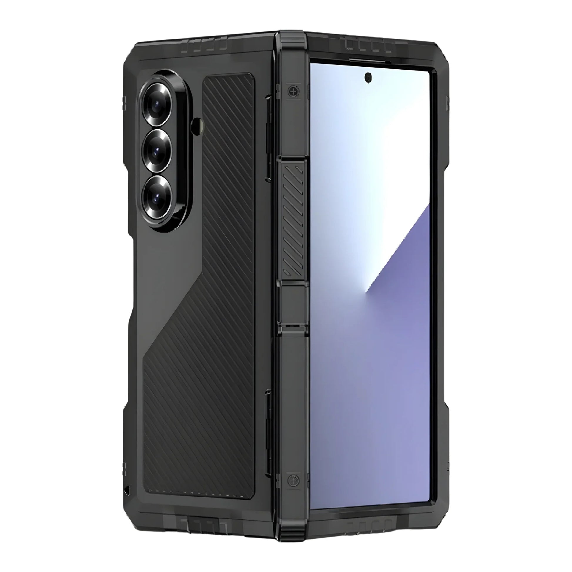 Black rugged protective case on a foldable smartphone with triple rear cameras and front display