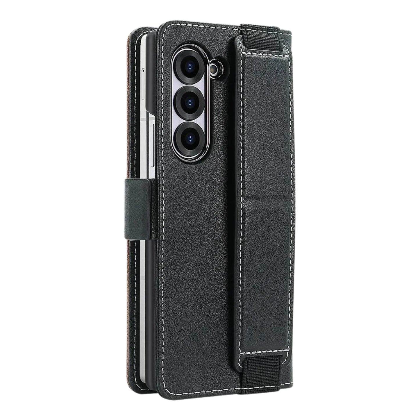 Black phone case with card slots and a stand on a white background