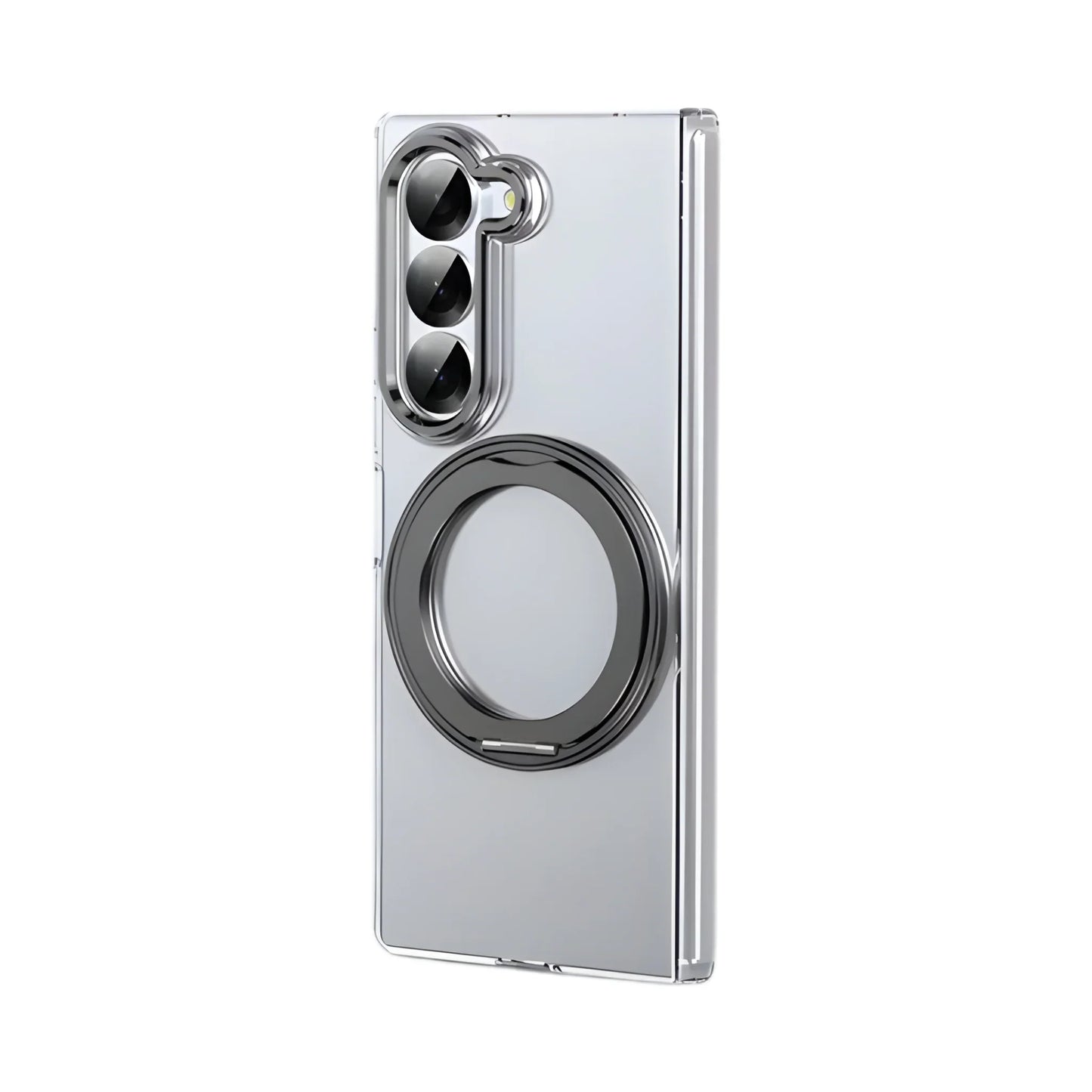 Clear phone case with camera module on a white background