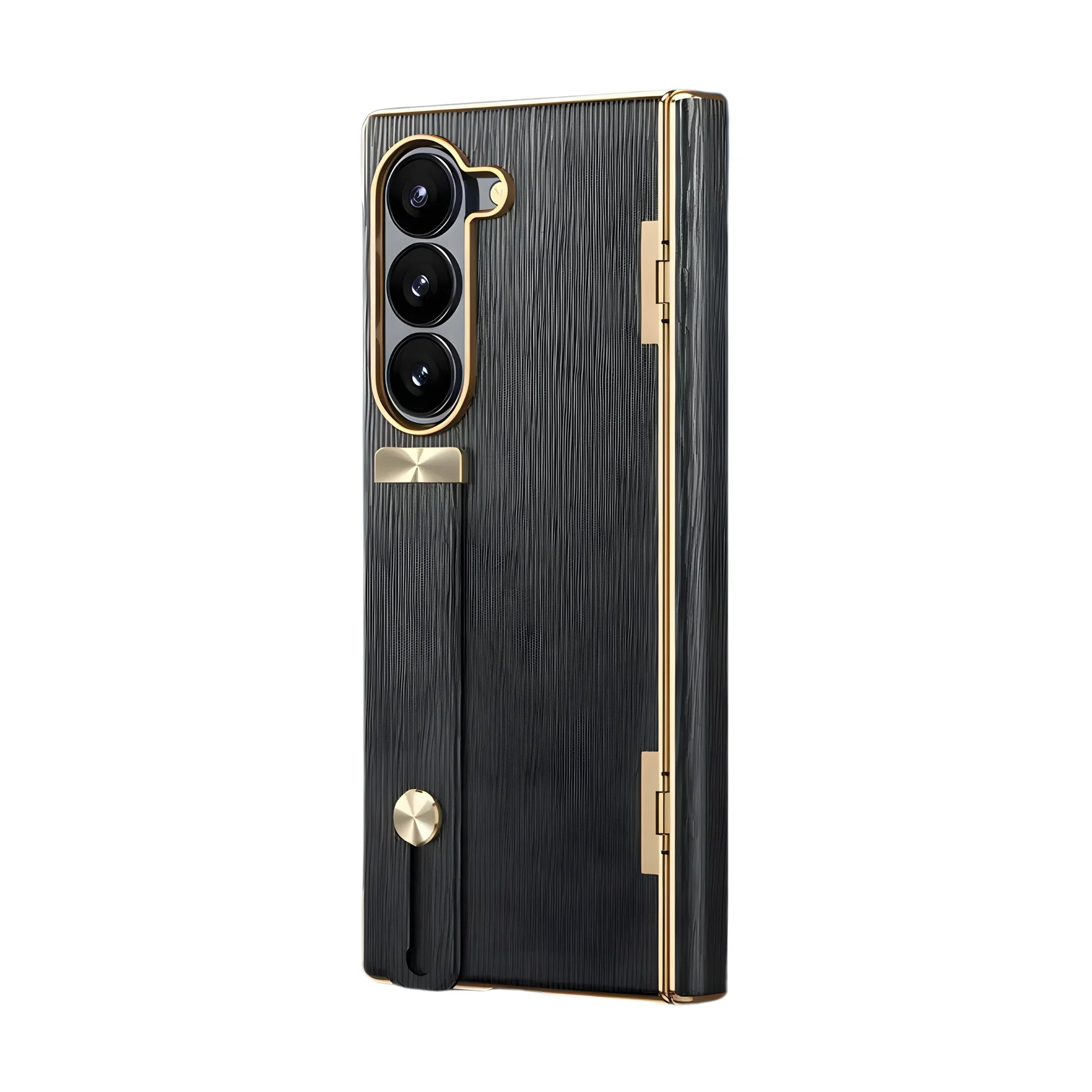 Black phone case with gold accents on a white background