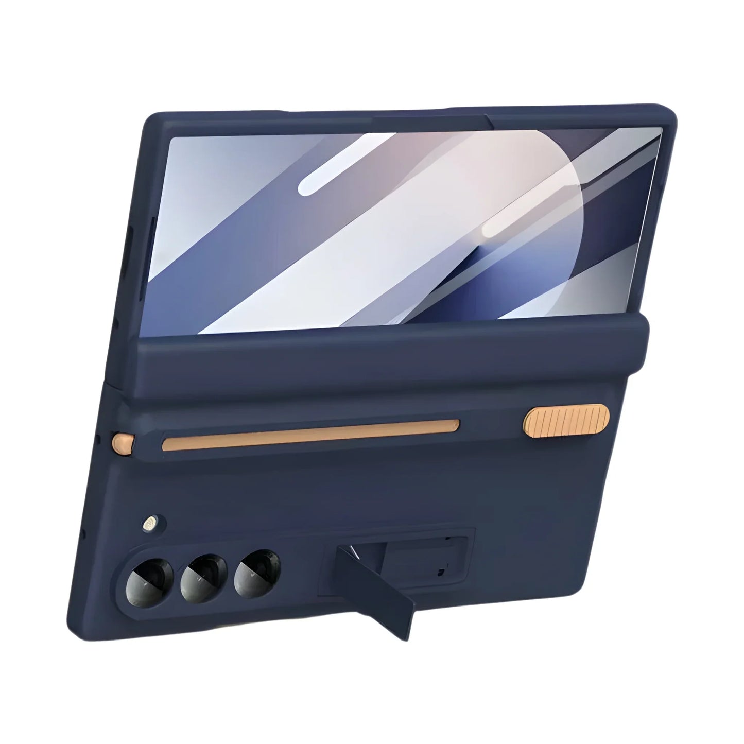 Navy blue case with gold accents on a white background