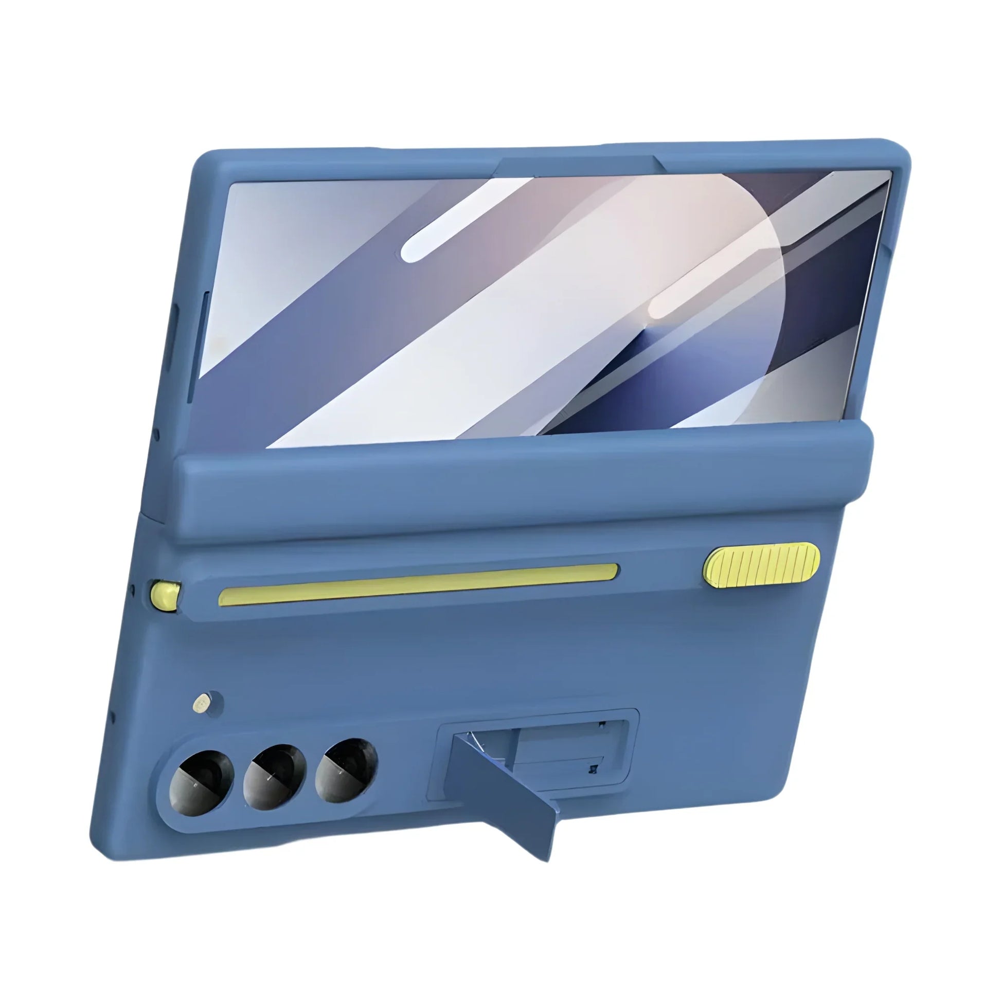 Blue tablet case with yellow accents on a white background