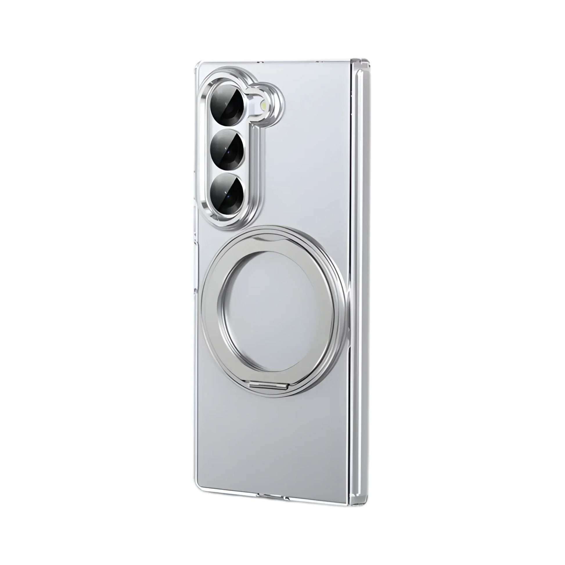 Clear phone case with camera module on a white background