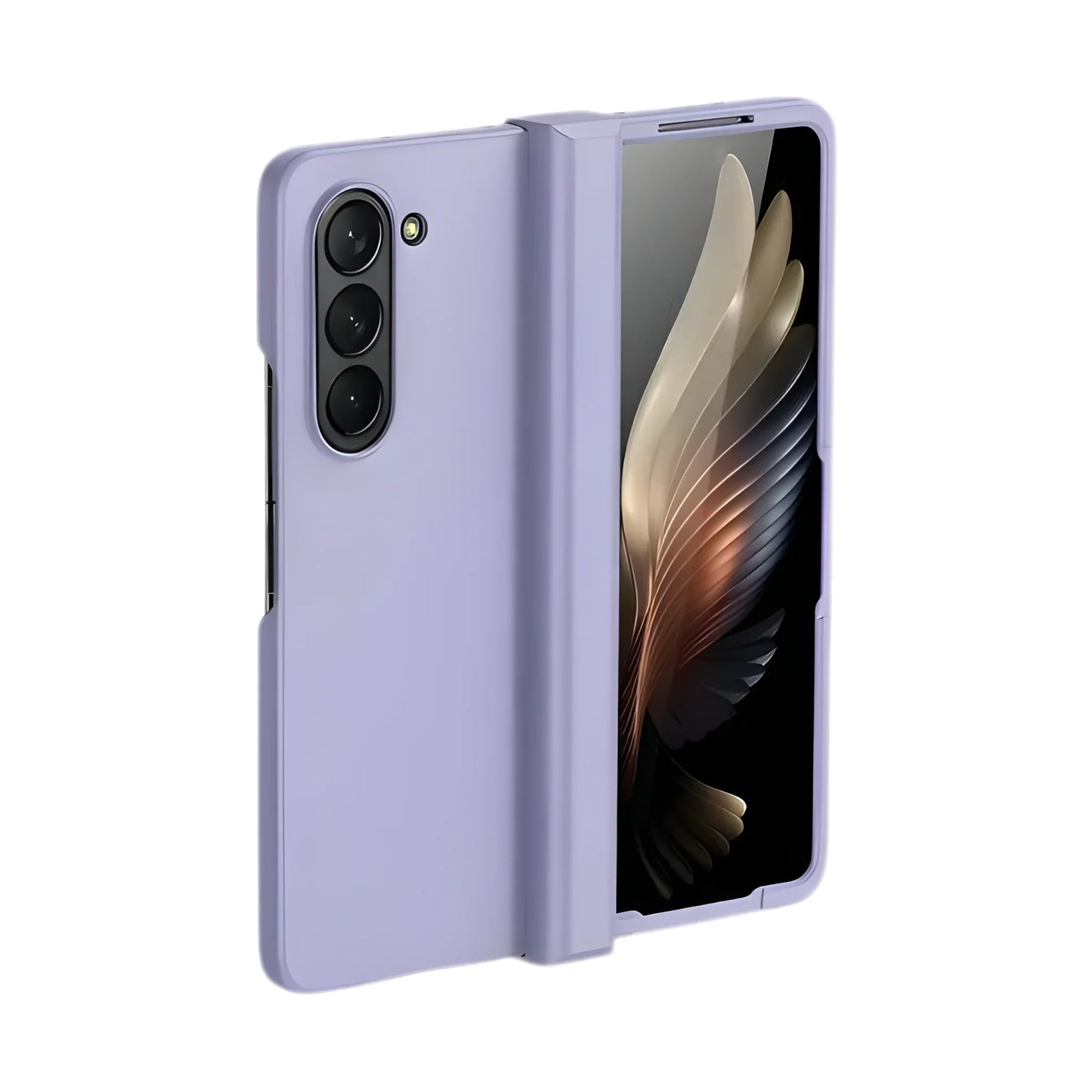 Smartphone with a purple case on a white background