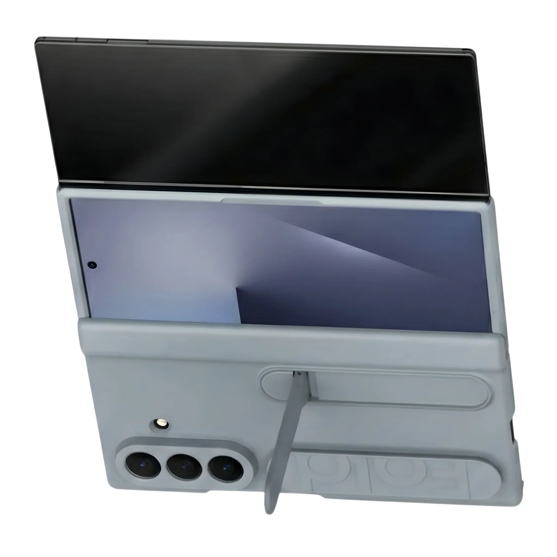 Samsung Galaxy Z Fold smartphone in white protective case with kickstand, unfolded dual-screen view