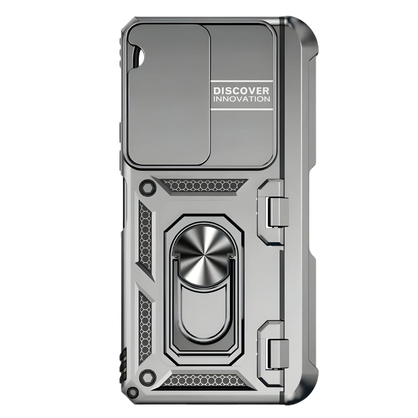 Silver phone case with a metallic ring holder on a white background