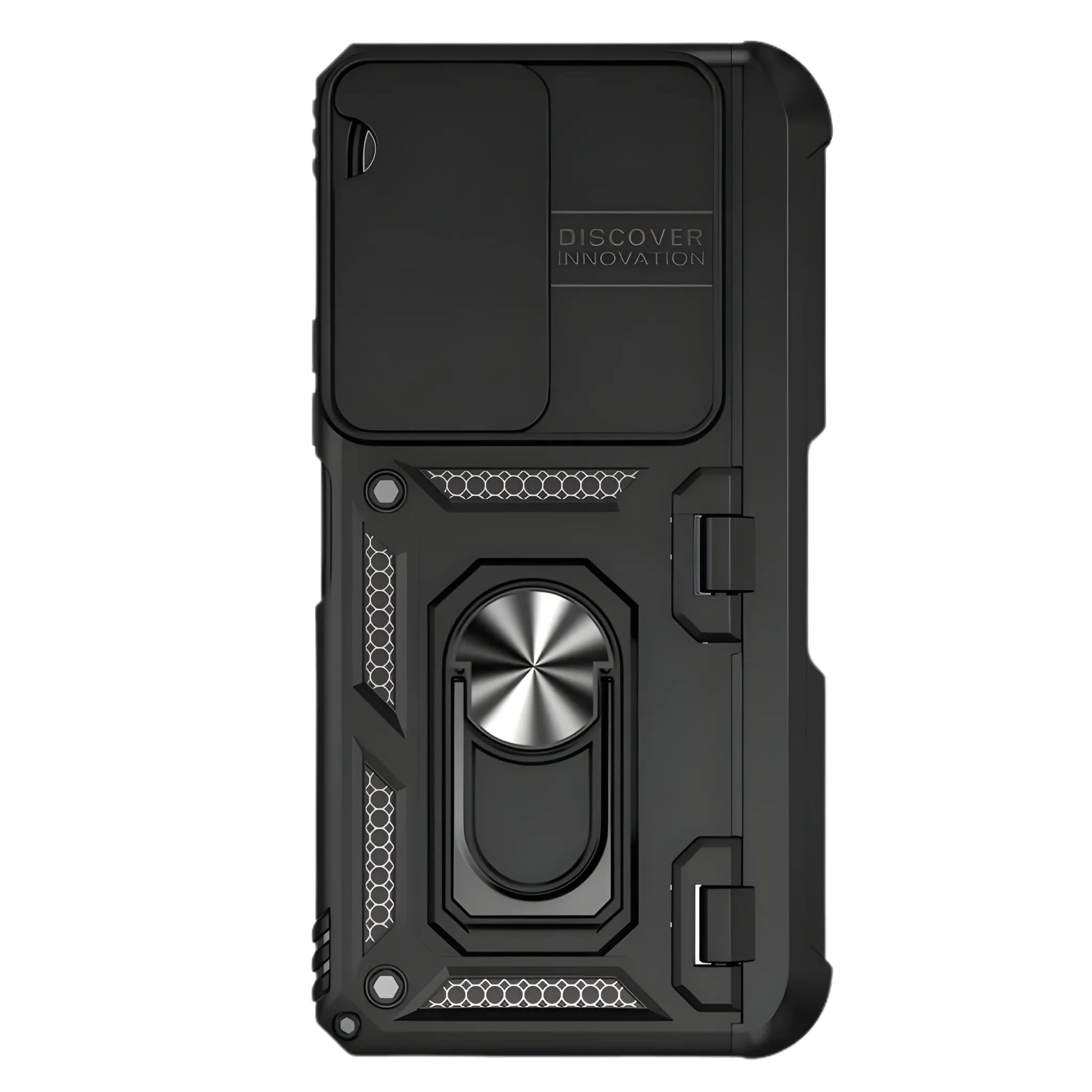 Black phone case with a metallic ring holder on a white background