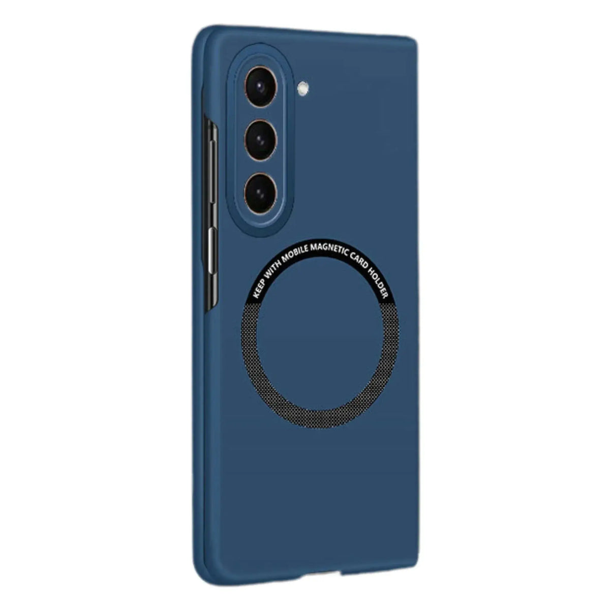 Blue phone case with triple camera cutout and magnetic card holder circle on the back