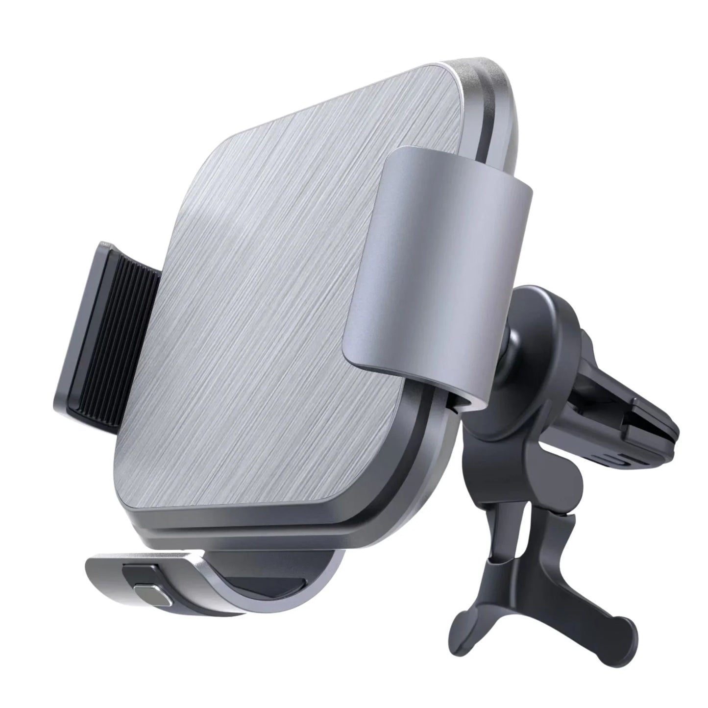 Silver metal car air vent phone holder with adjustable clamps and black mount clip