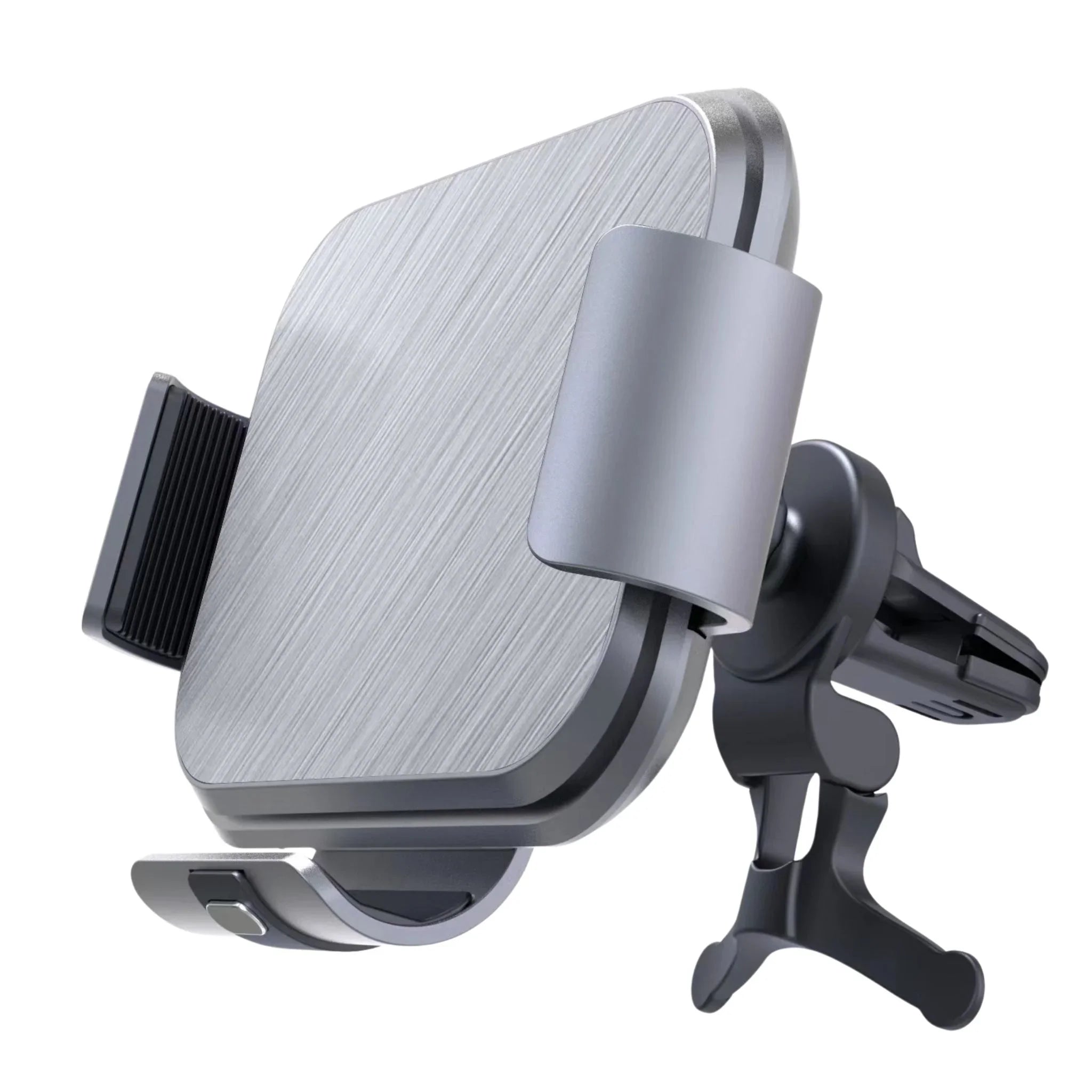 Silver metal car air vent phone holder with adjustable clamps and black mount clip