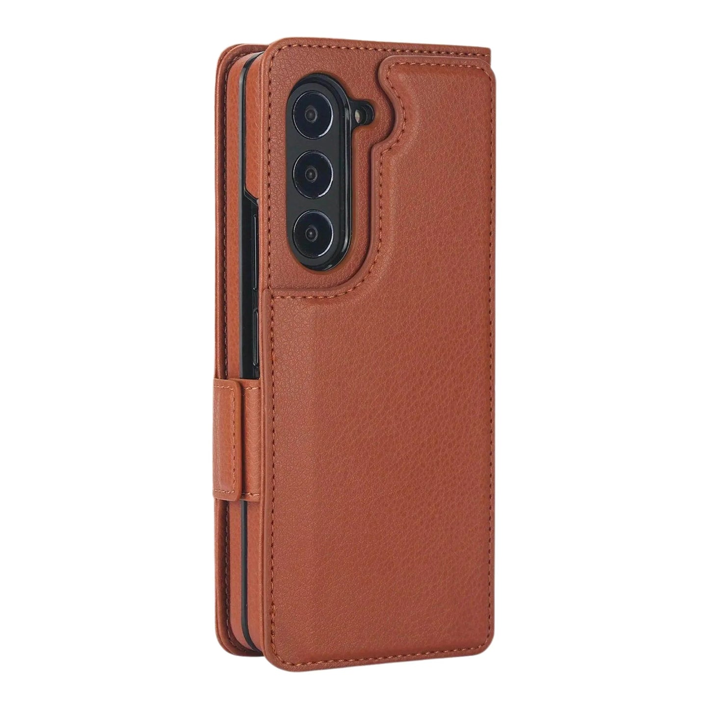 Brown phone case with card slots on a white background