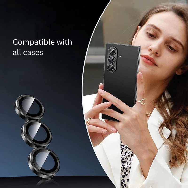 Woman holding a phone with camera lens protector, text 'Compatible with all cases' on a dark background